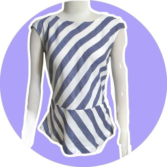 Talbots Women Linen Sleeveless Peplum Blouse Top Linen Blue Stripe 18 20 2X - Picture 2 of 11
